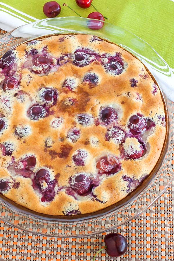 Freshly baked clafoutis with fresh cherries