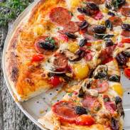 Delicious pizza with a variety of spicy Italian salami and sausage