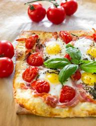 Amazing breakfast pizza with pancetta and Gruyère cheese